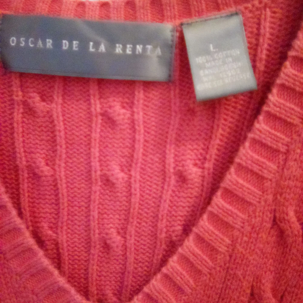 Oscar de la Renta 100% Cotton V-Neck Cable Knit Sweater Size L Old Money